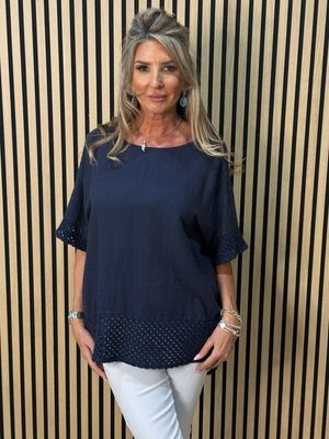 Crochet Detail Linen Blend Top - Navy