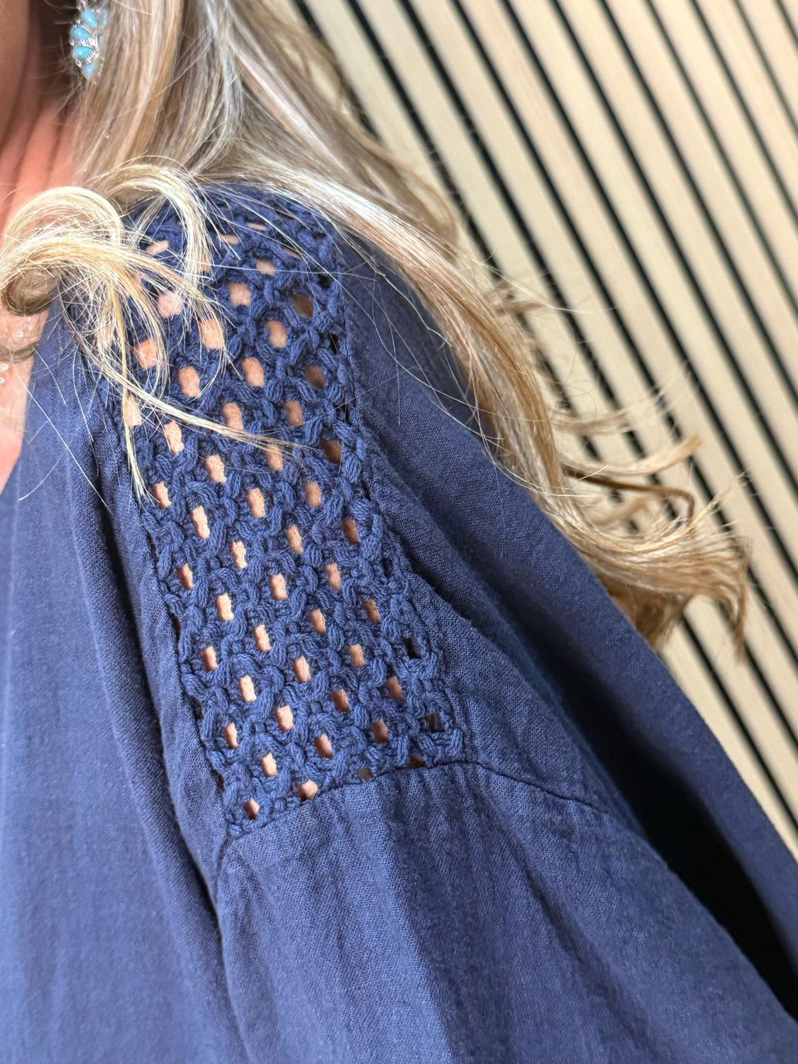 Crochet Detail Linen Blend Top - Navy