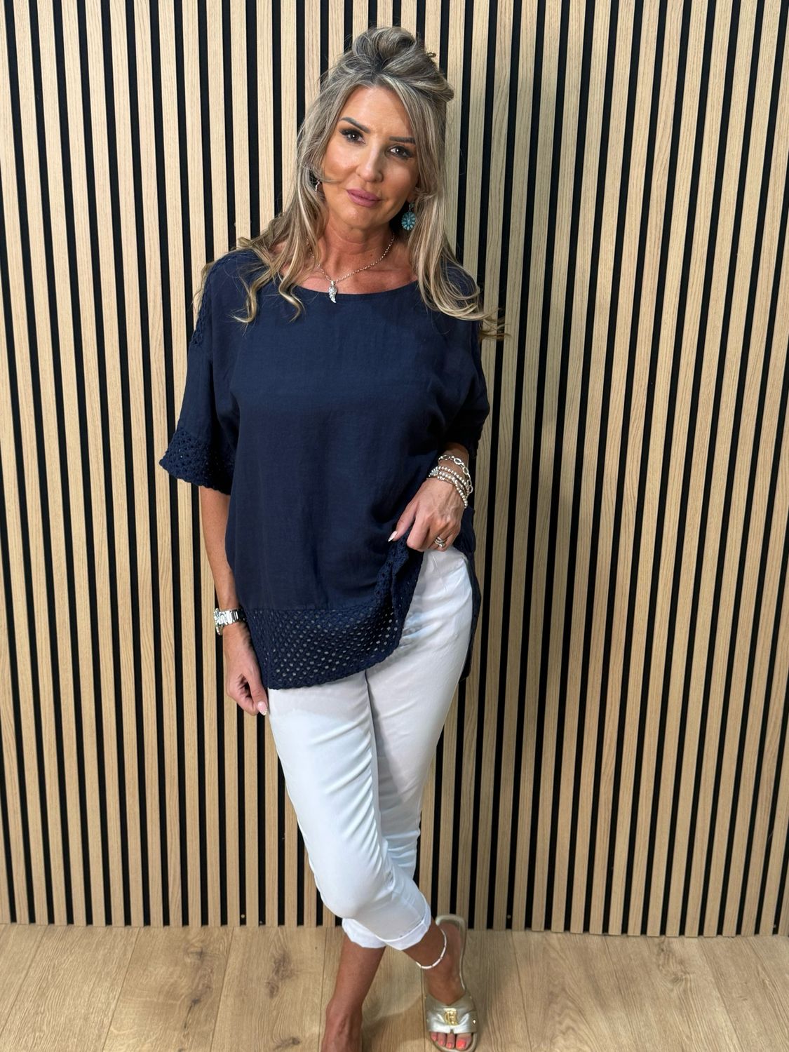Crochet Detail Linen Blend Top - Navy