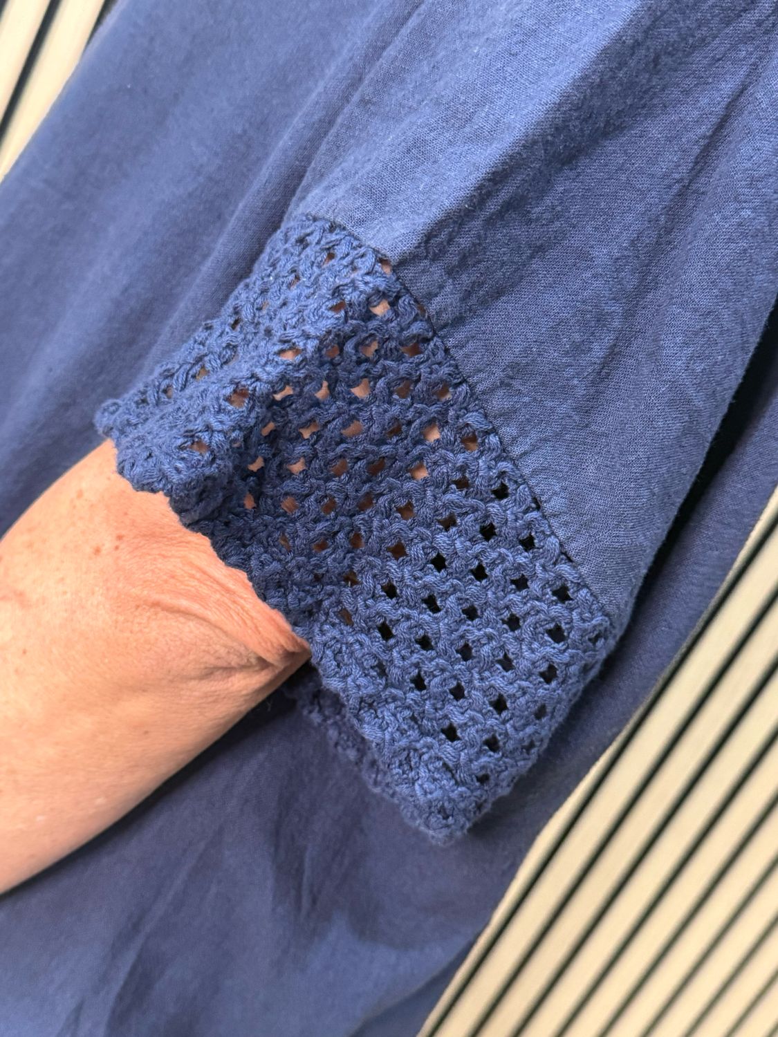 Crochet Detail Linen Blend Top - Navy