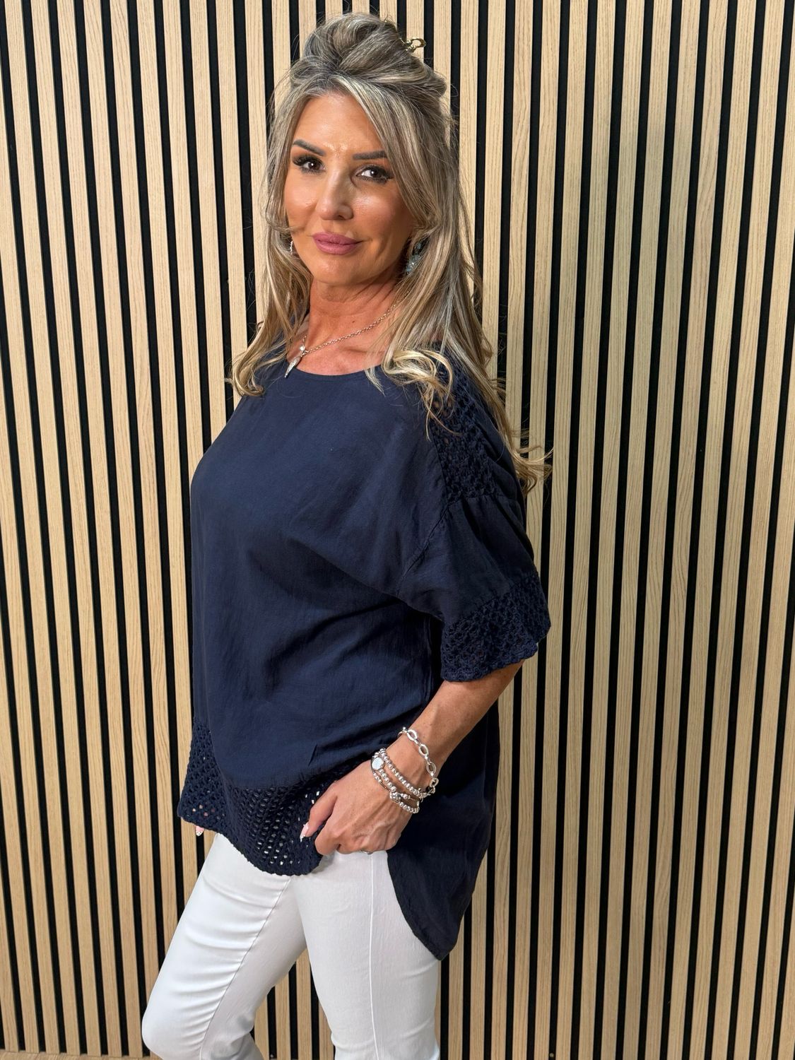Crochet Detail Linen Blend Top - Navy