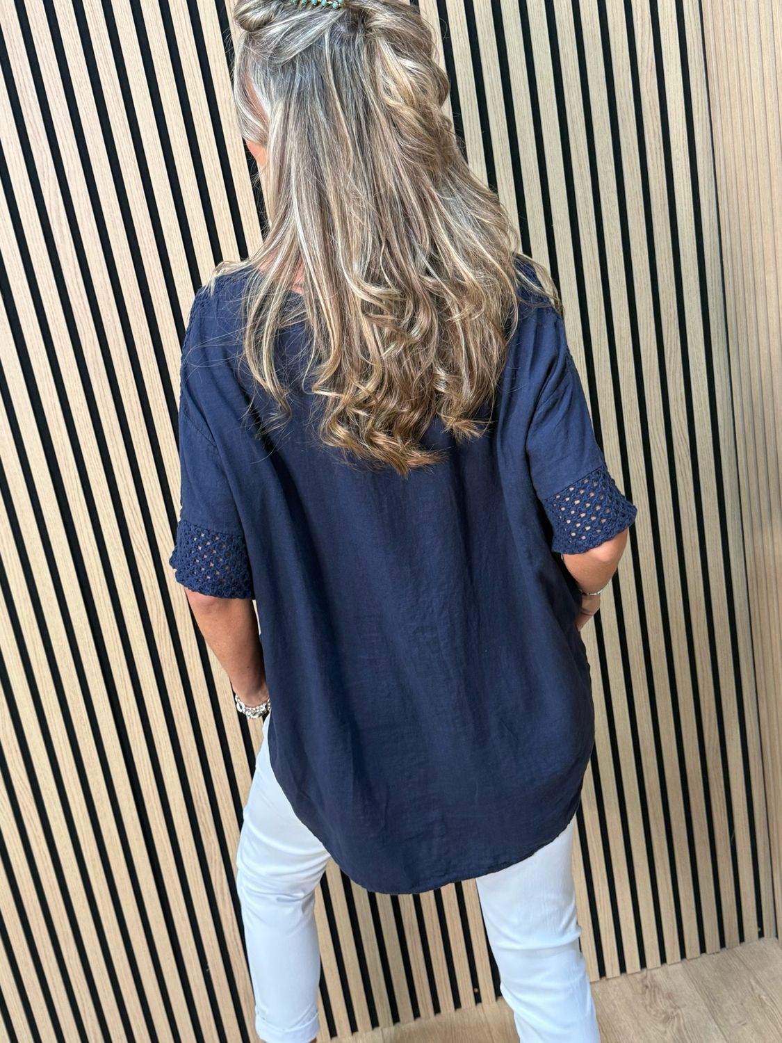 Crochet Detail Linen Blend Top - Navy