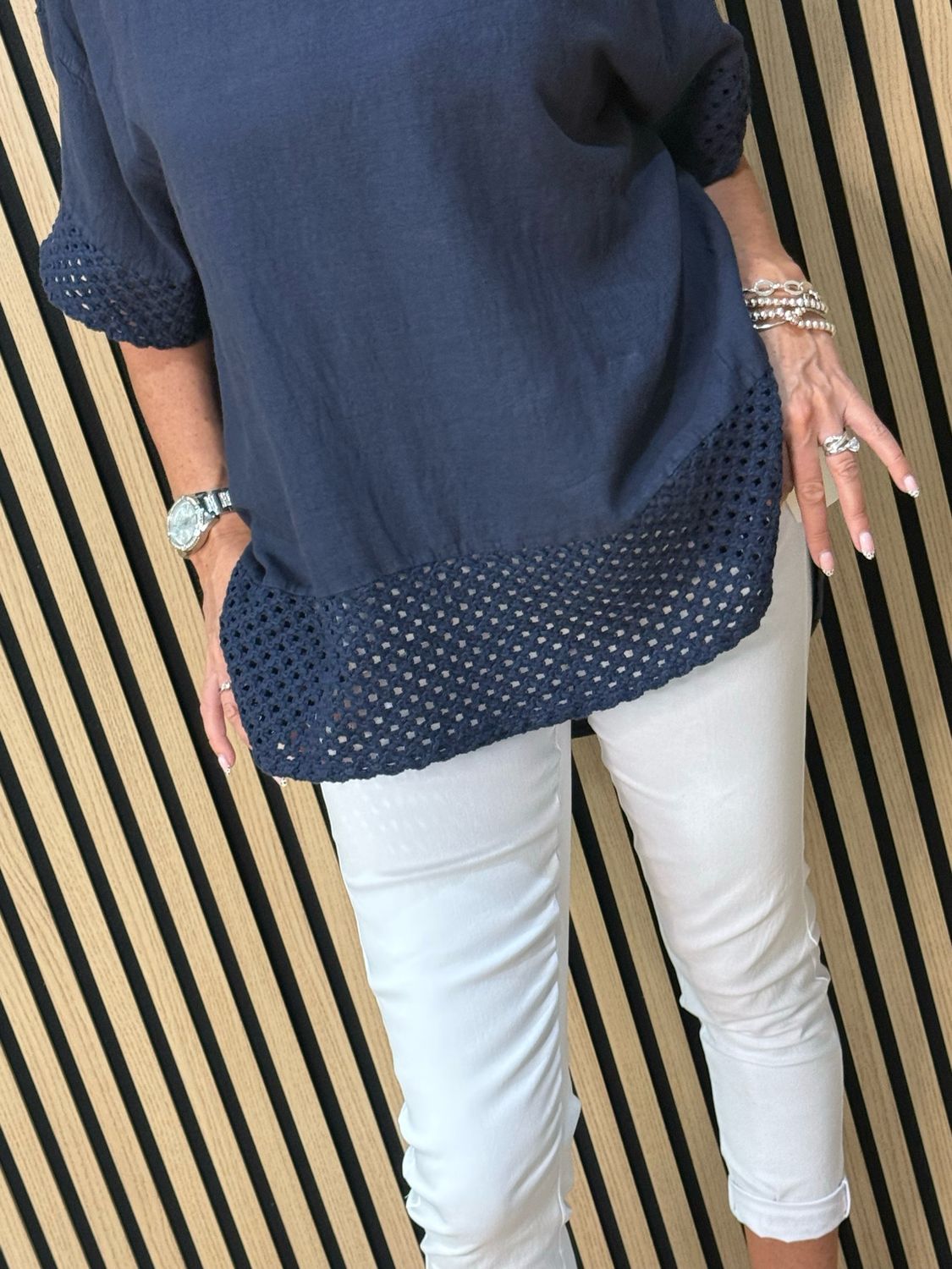 Crochet Detail Linen Blend Top - Navy