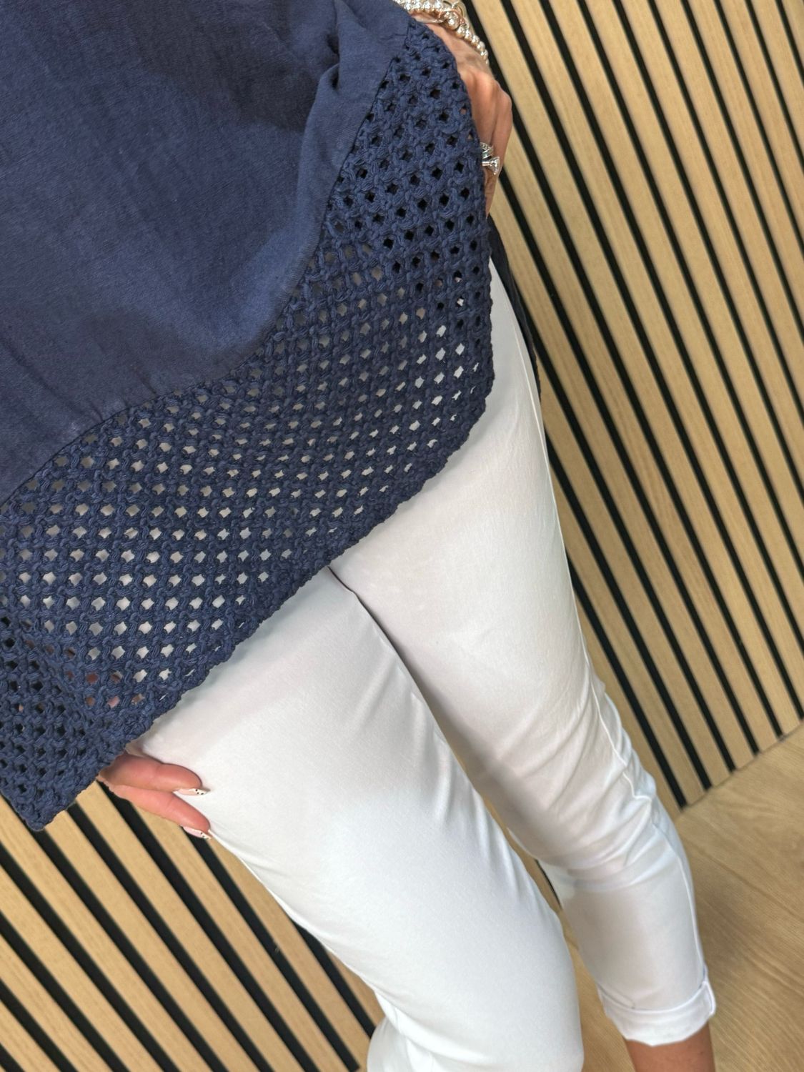 Crochet Detail Linen Blend Top - Navy