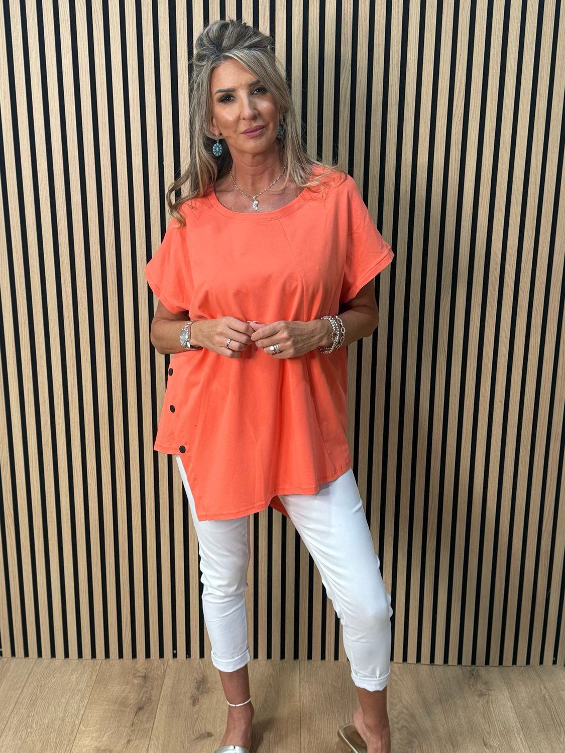 Asymmetric Button Detail Top - Coral