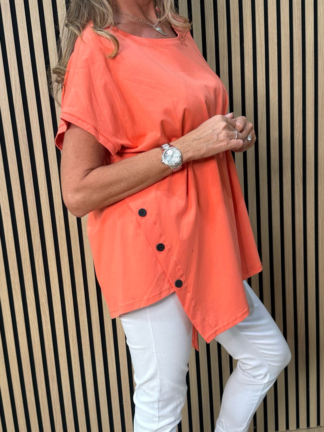 Asymmetric Button Detail Top - Coral