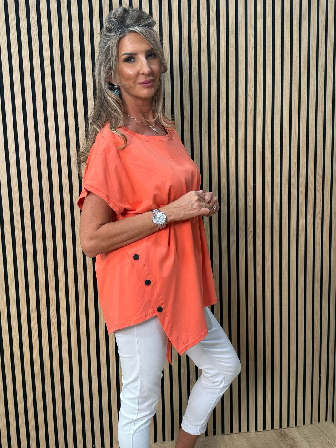 Asymmetric Button Detail Top - Coral
