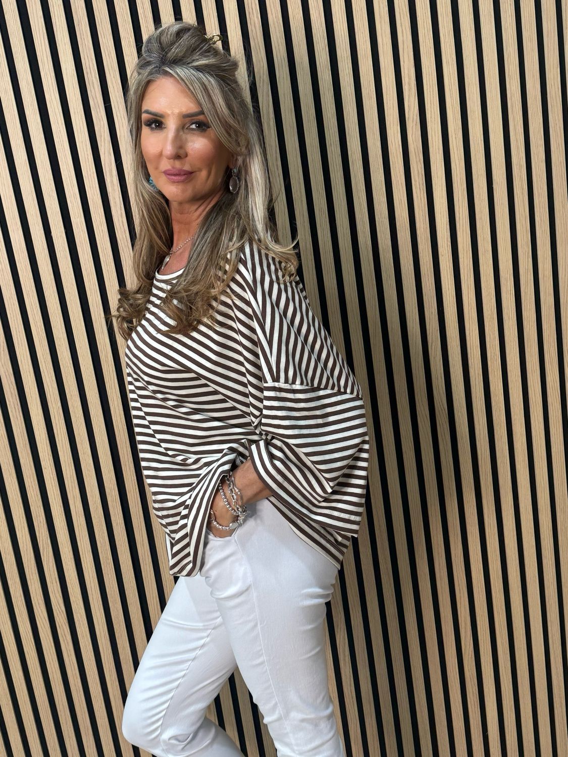 Oversized Striped Box Top - White/Brown