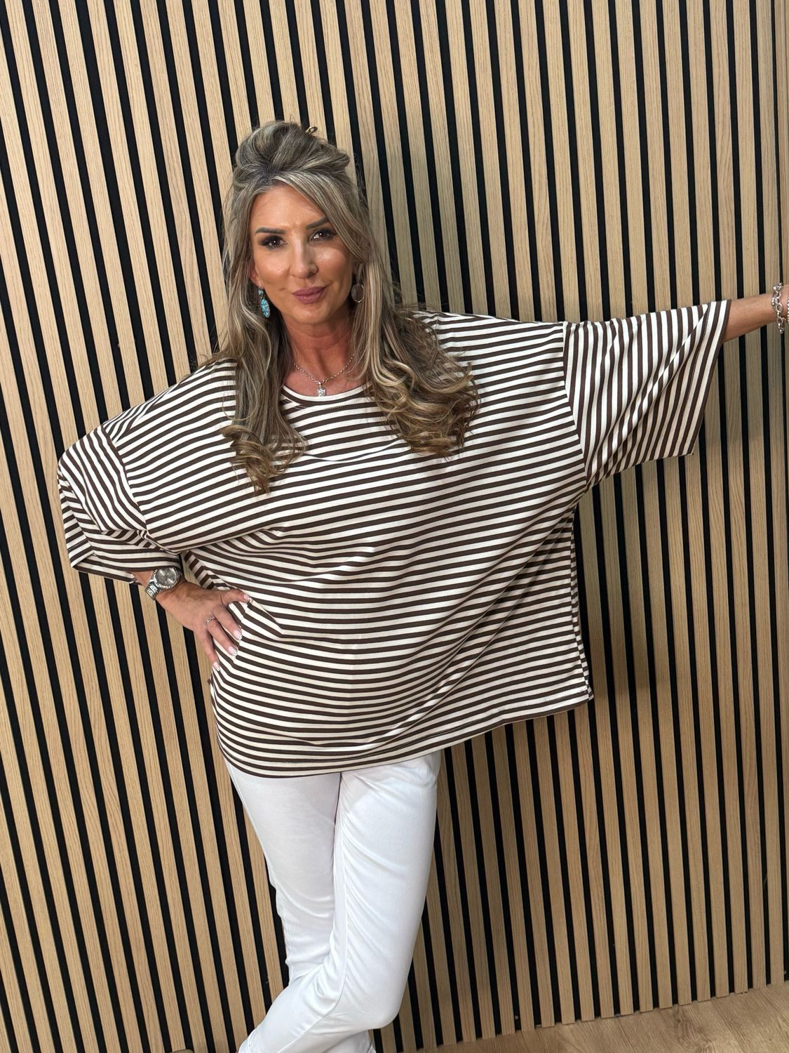Oversized Striped Box Top - White/Brown