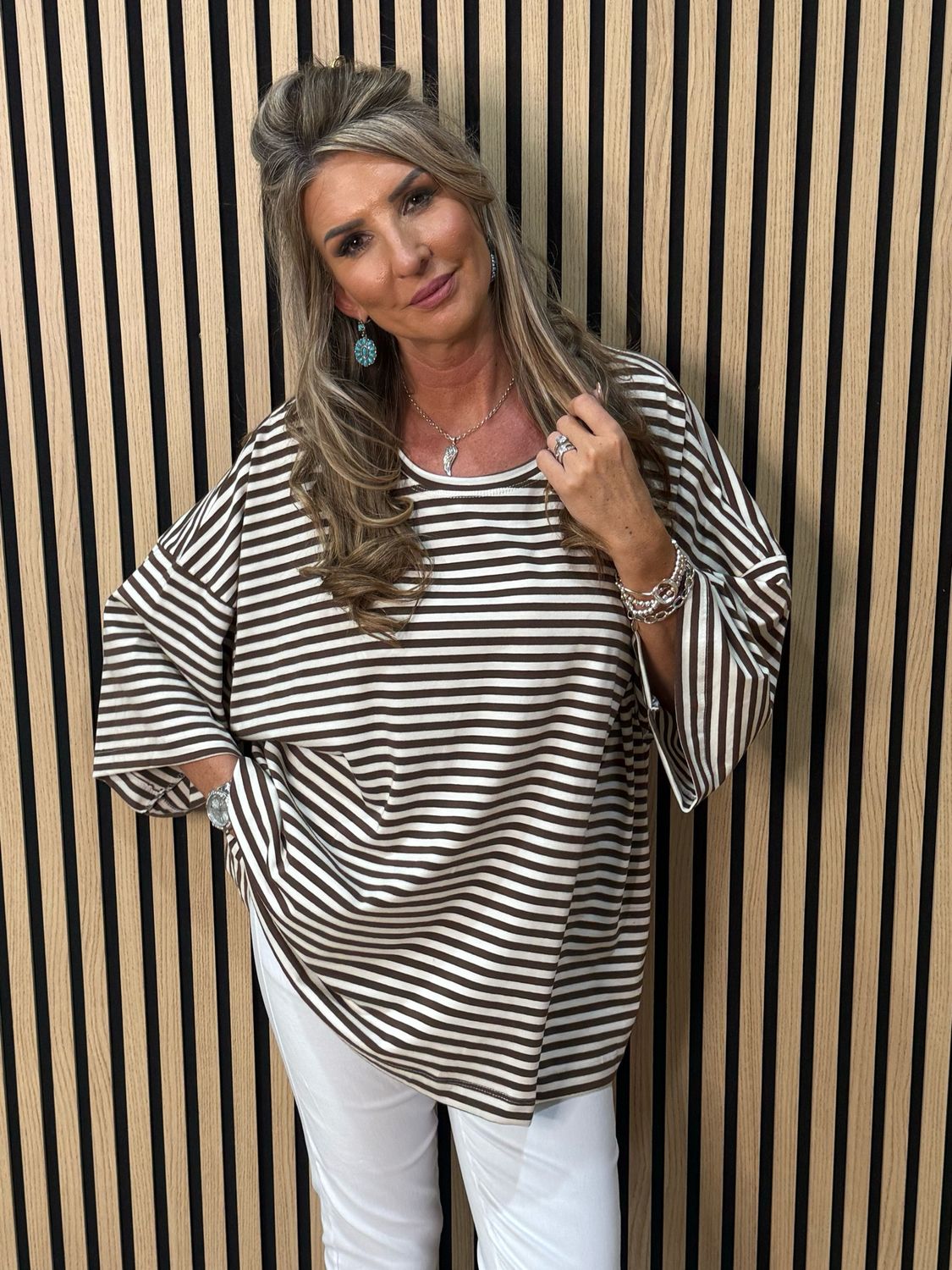 Oversized Striped Box Top - White/Brown
