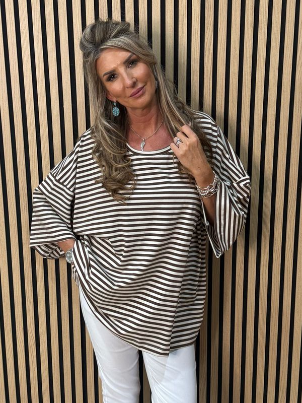 Oversized Striped Box Top - White/Brown