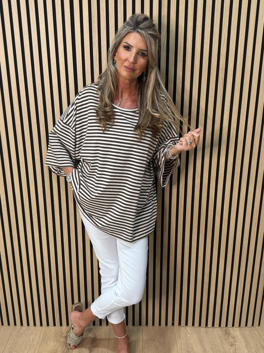 Oversized Striped Box Top - White/Brown
