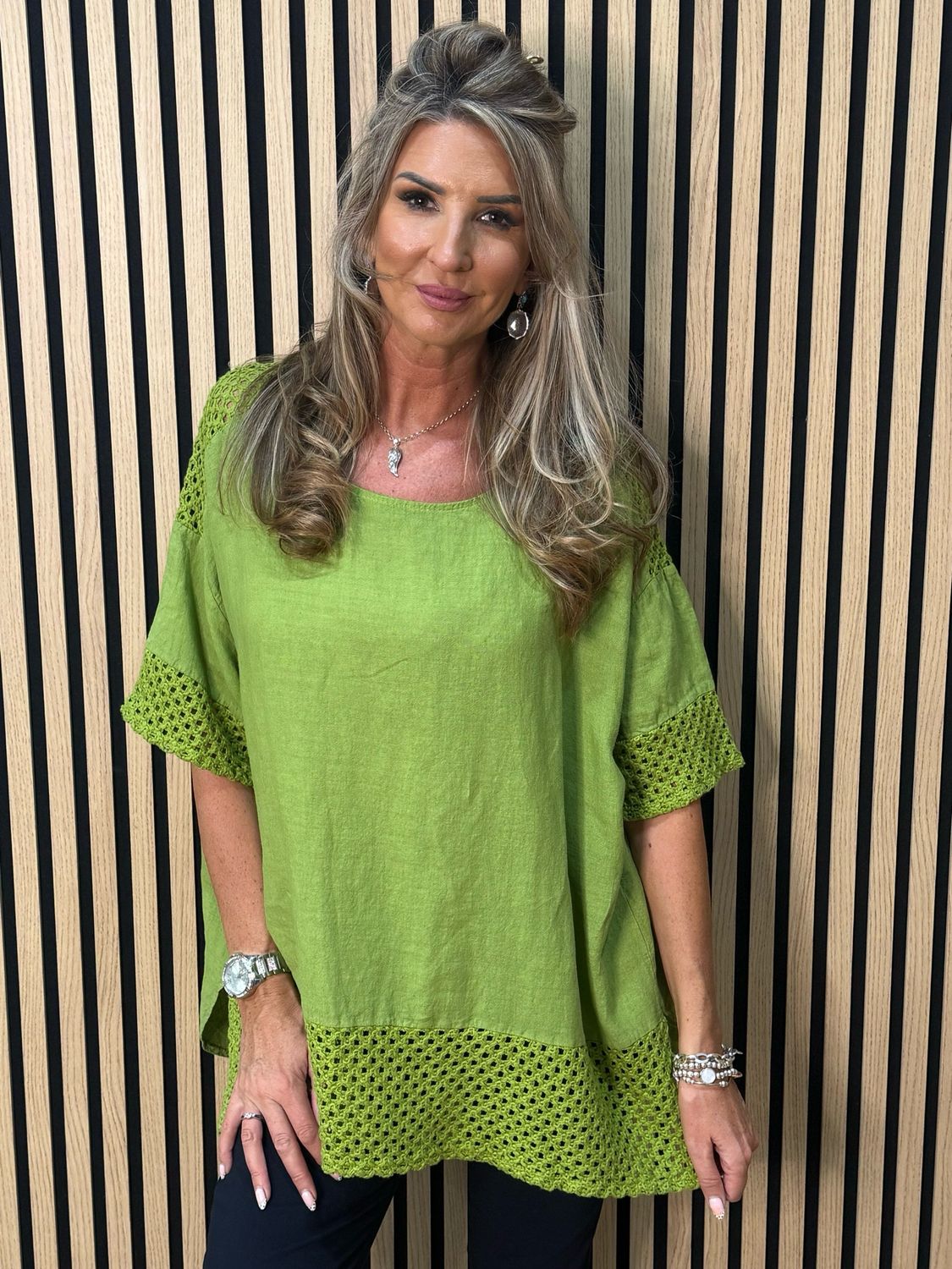 Crochet Detail Linen Blend Top - Lime