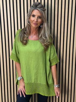 Crochet Detail Linen Blend Top - Lime