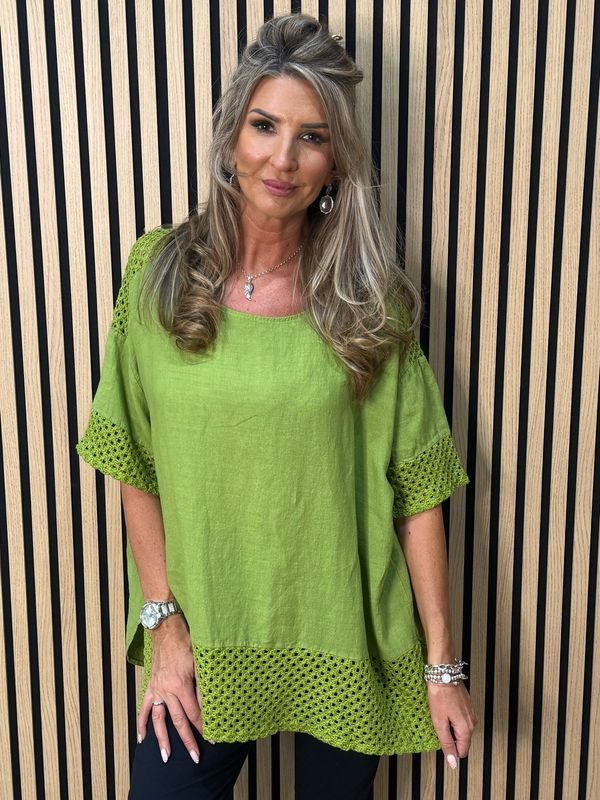 Crochet Detail Linen Blend Top - Lime
