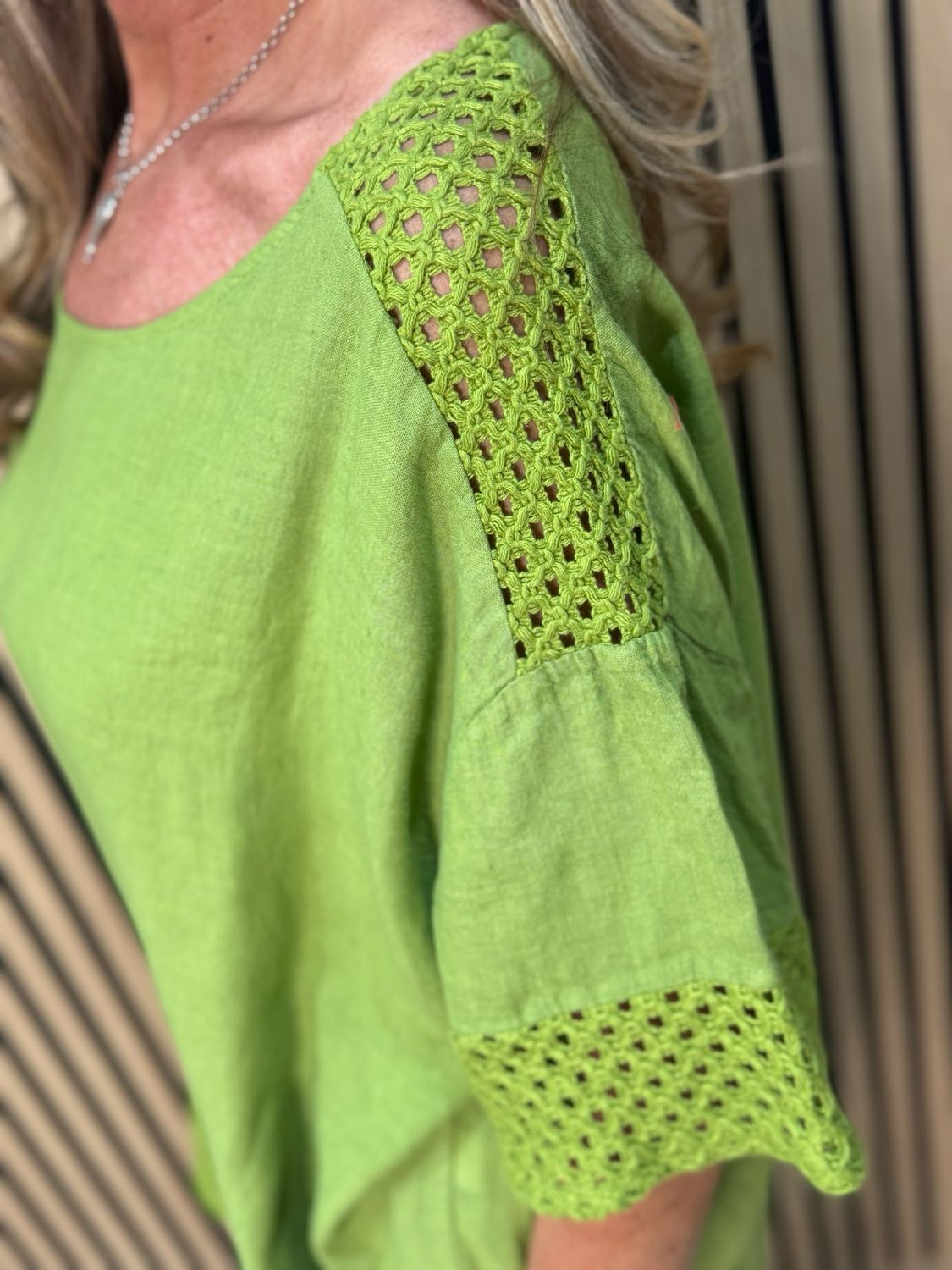 Crochet Detail Linen Blend Top - Lime