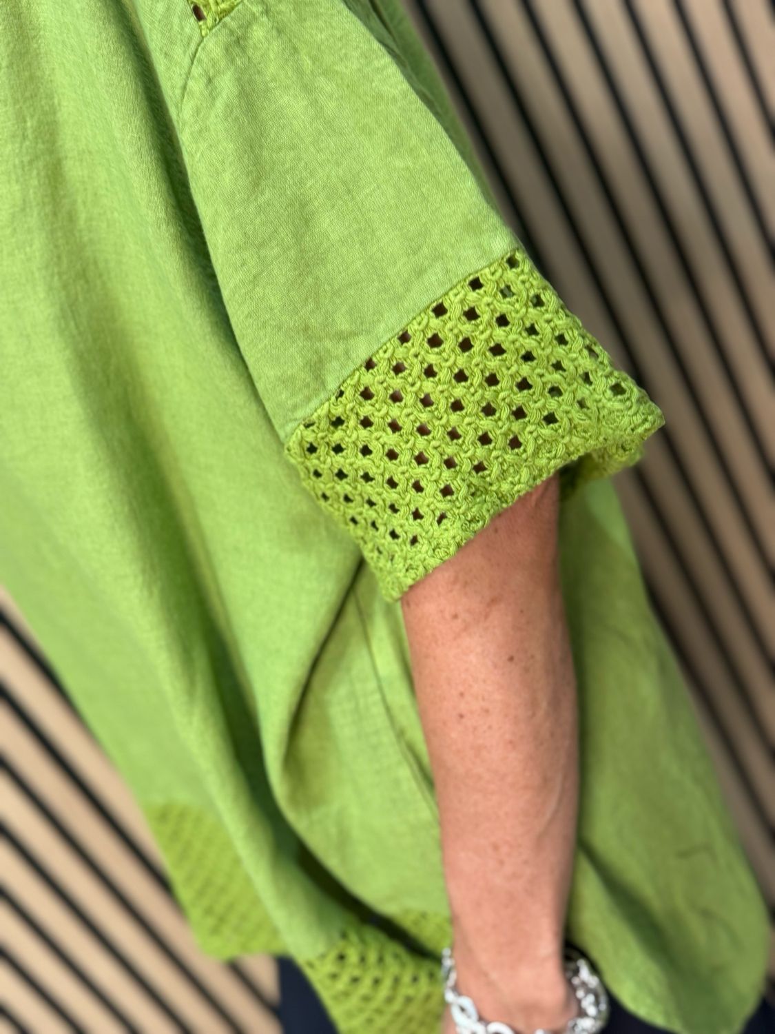 Crochet Detail Linen Blend Top - Lime