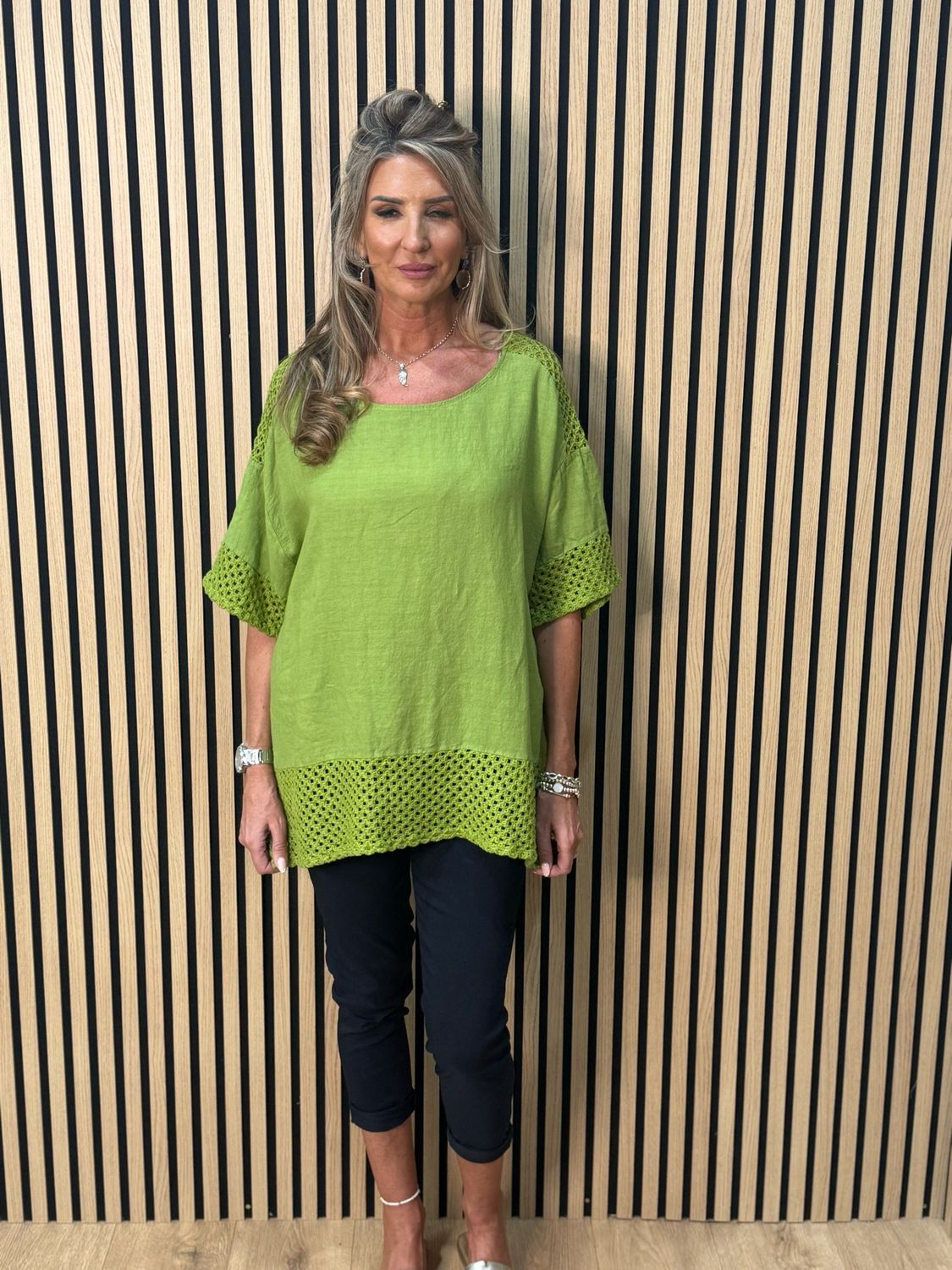 Crochet Detail Linen Blend Top - Lime
