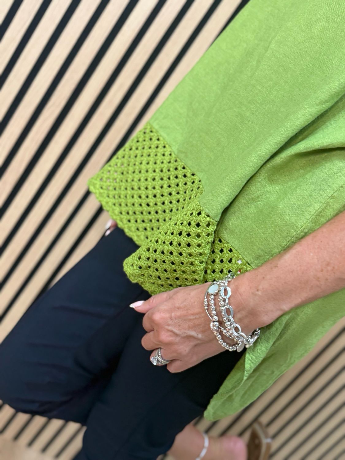Crochet Detail Linen Blend Top - Lime