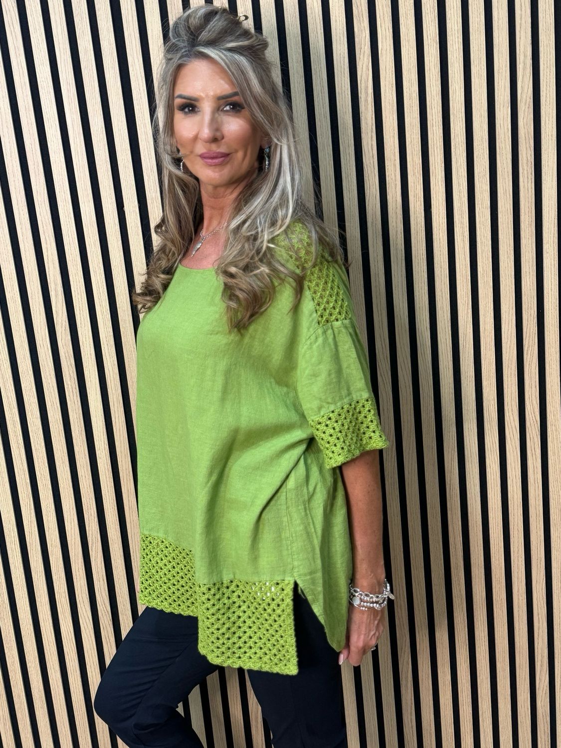 Crochet Detail Linen Blend Top - Lime