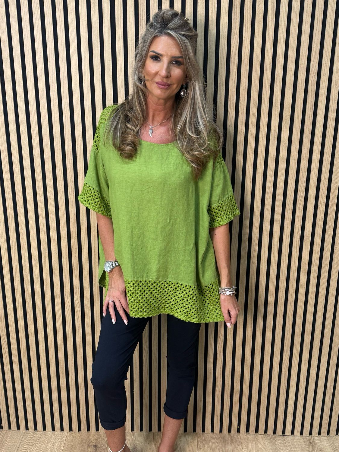 Crochet Detail Linen Blend Top - Lime