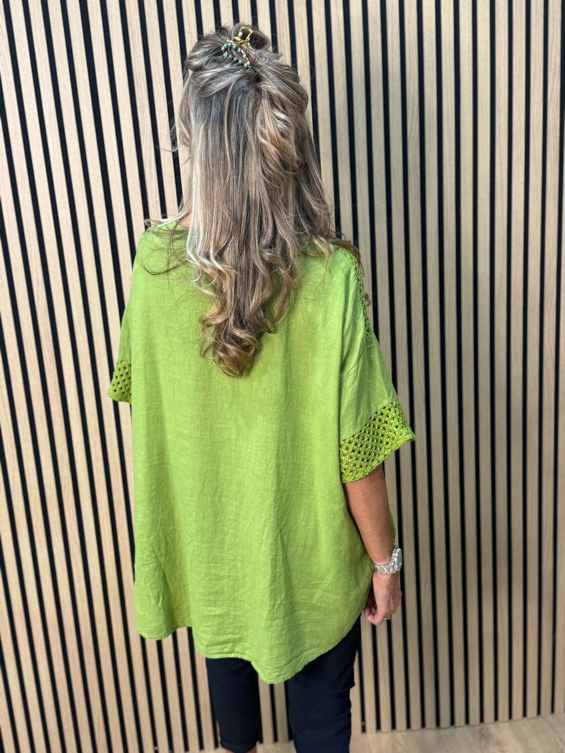 Crochet Detail Linen Blend Top - Lime