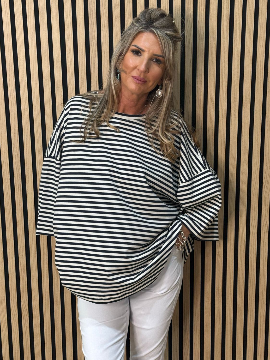 Oversized Striped Box Top - White/Navy