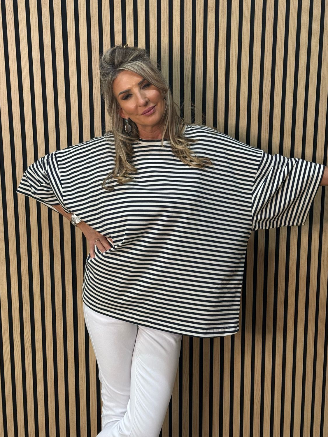 Oversized Striped Box Top - White/Navy