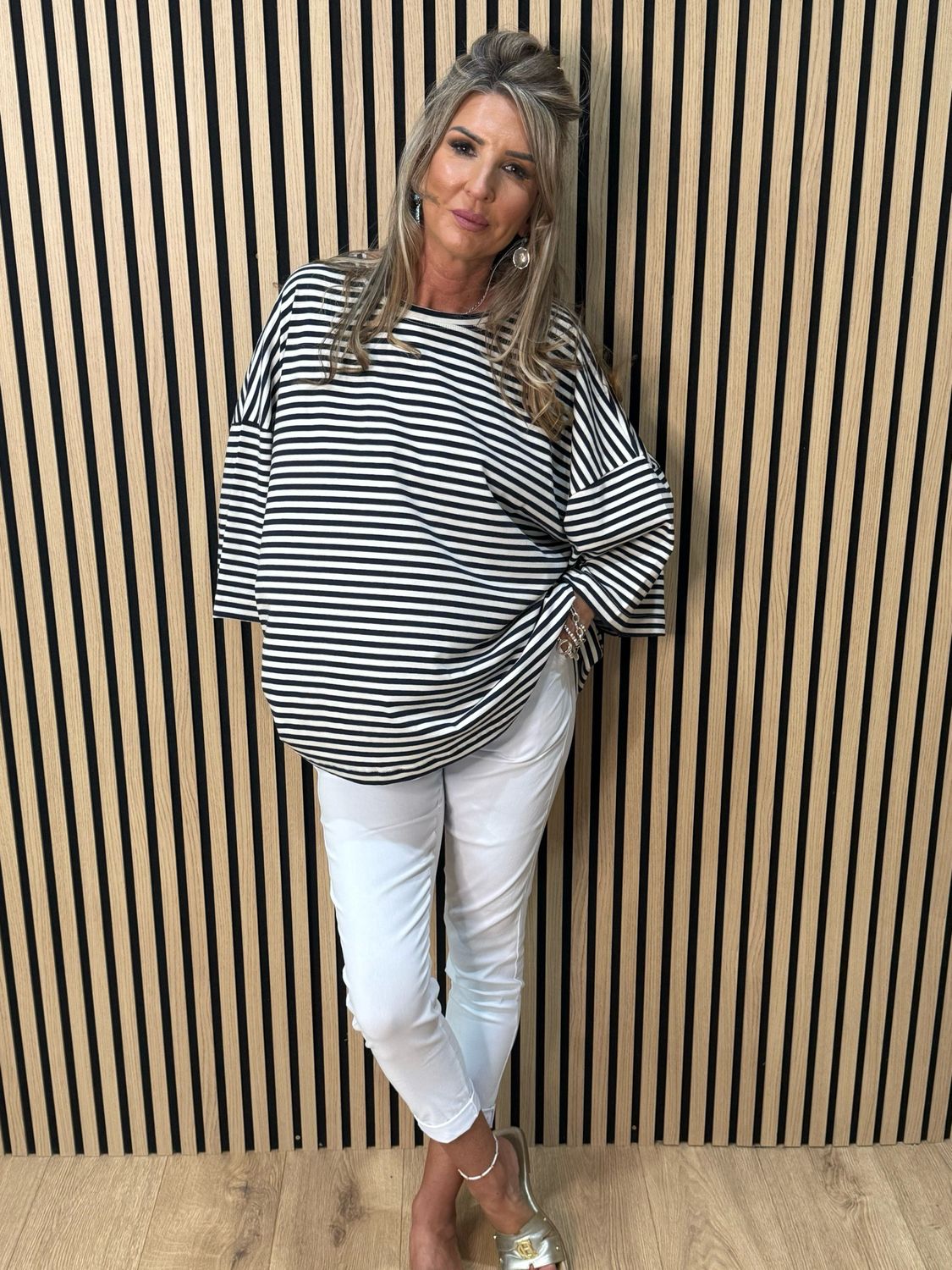 Oversized Striped Box Top - White/Navy