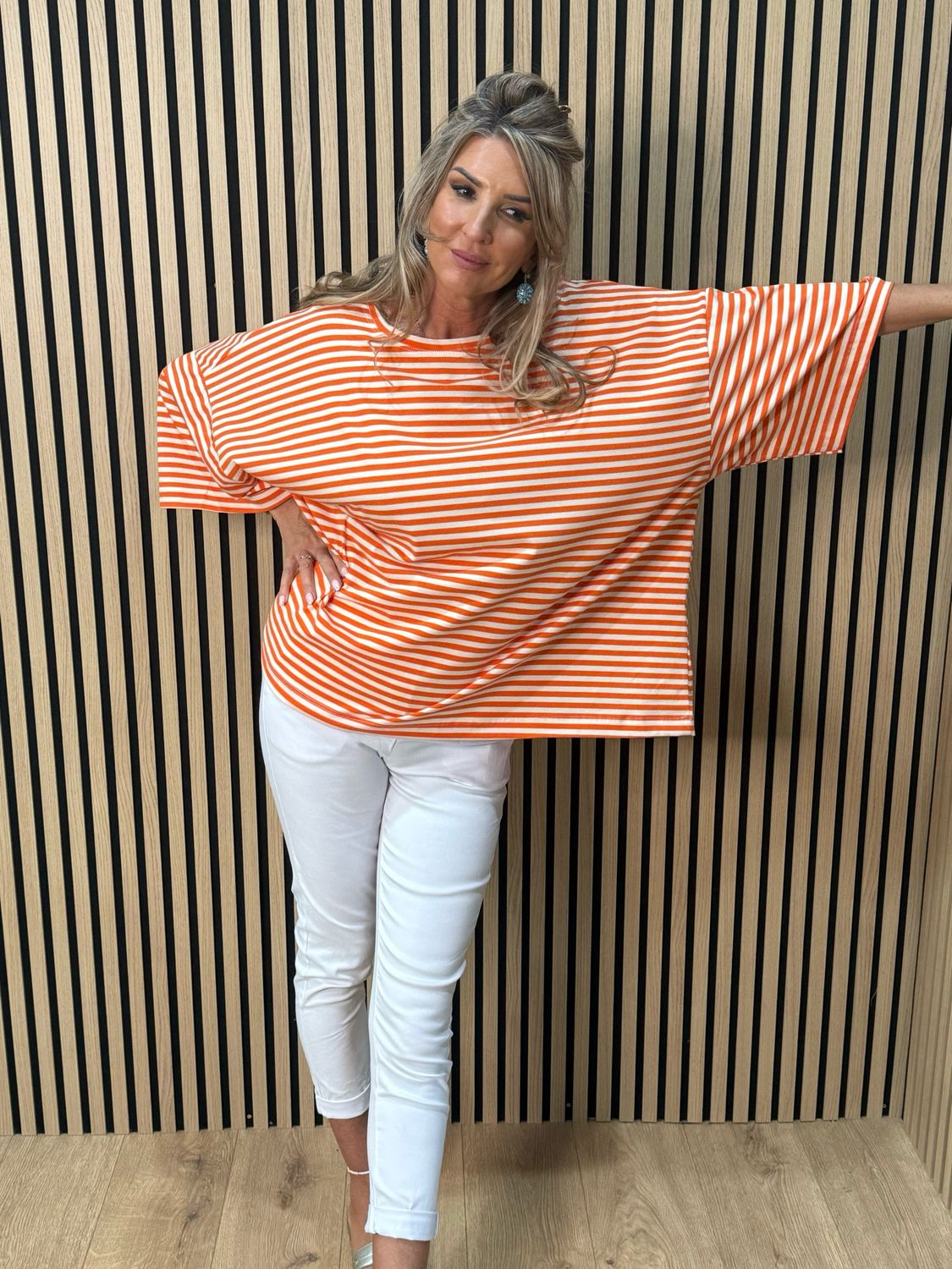 Oversized Striped Box Top - White/Orange