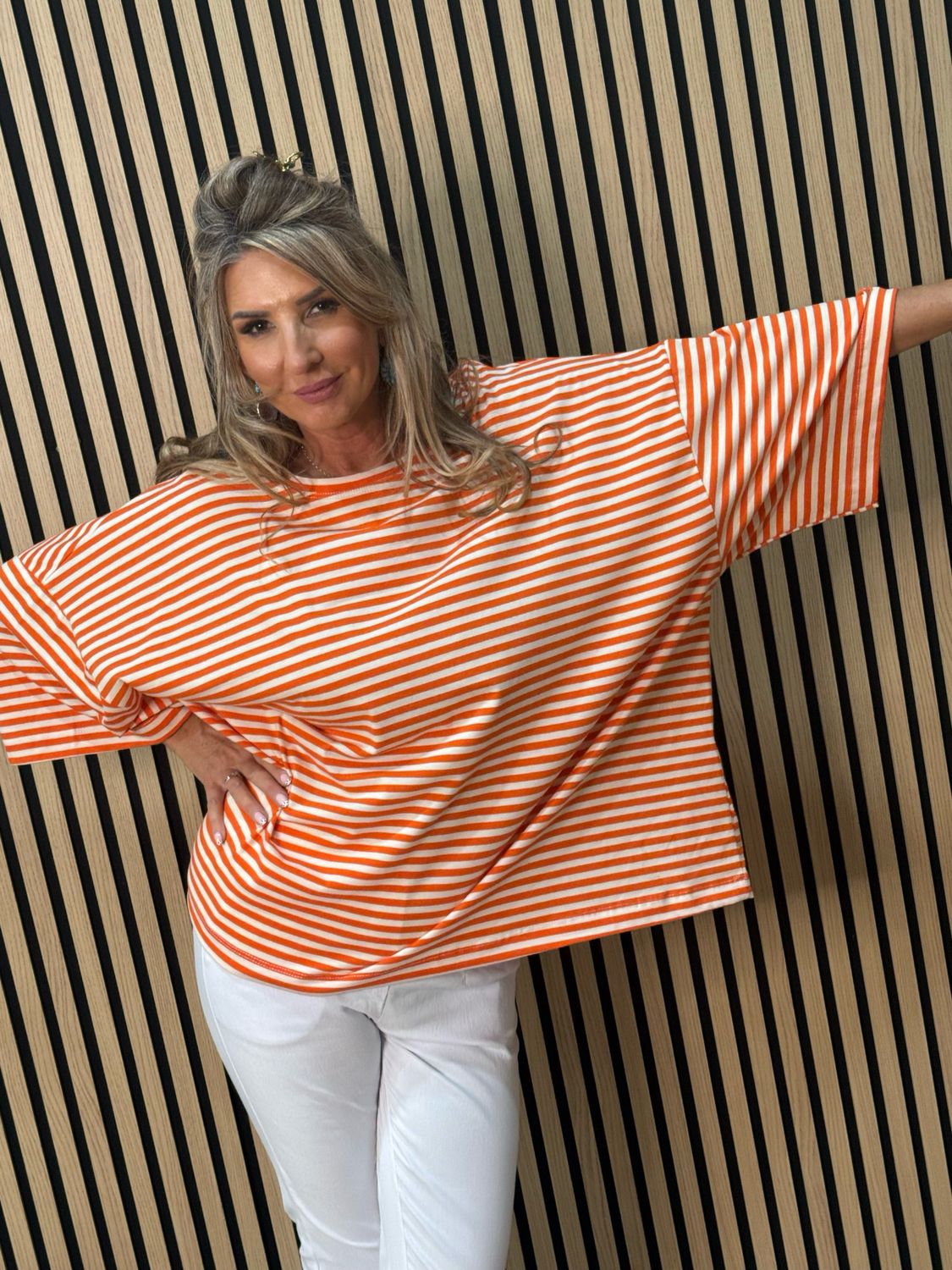 Oversized Striped Box Top - White/Orange