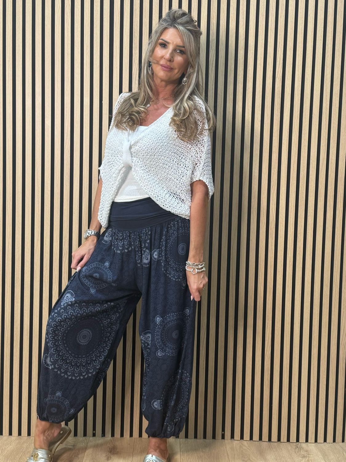Relaxed Printed Harem Pants - Navy