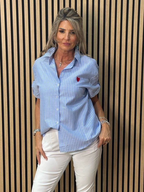 Stripe Heart Detail Cotton Shirt - Blue/White