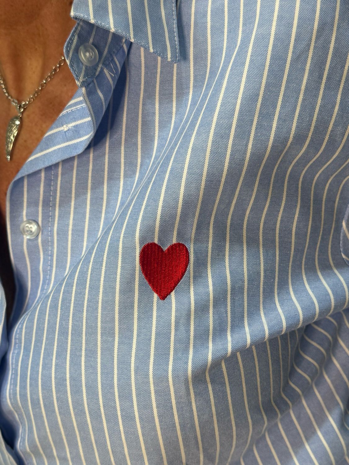 Stripe Heart Detail Cotton Shirt - Blue/White