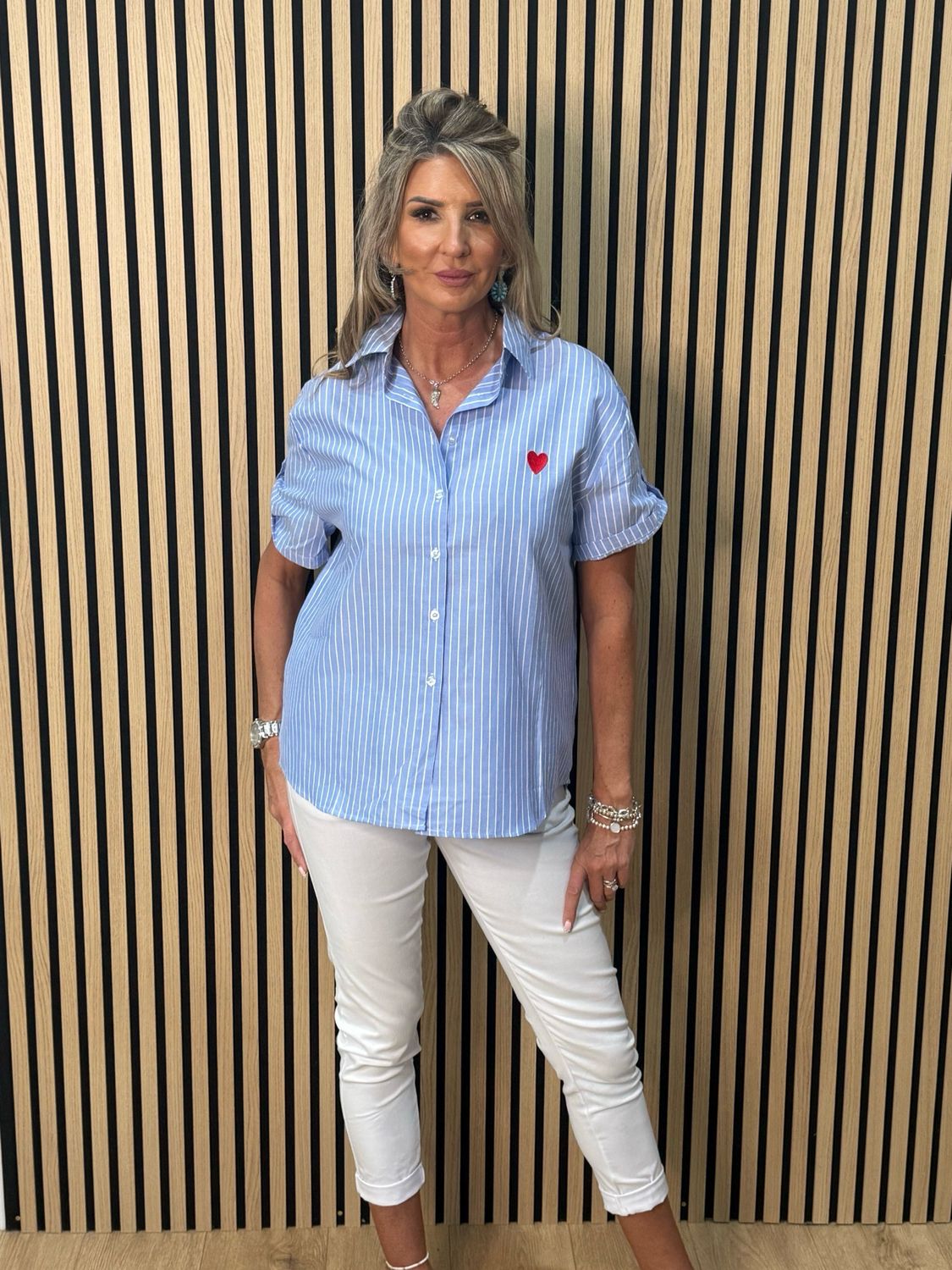 Stripe Heart Detail Cotton Shirt - Blue/White