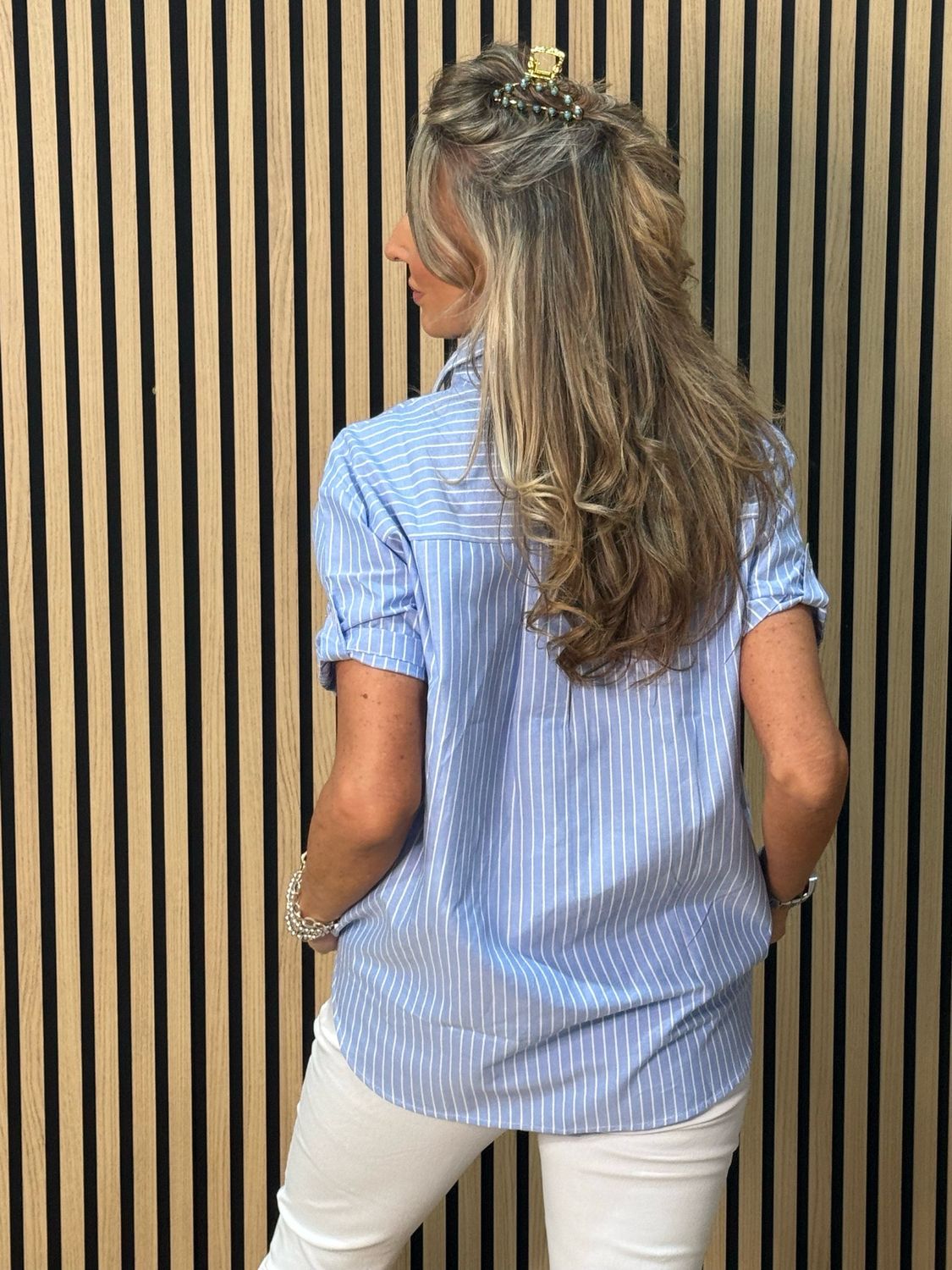 Stripe Heart Detail Cotton Shirt - Blue/White