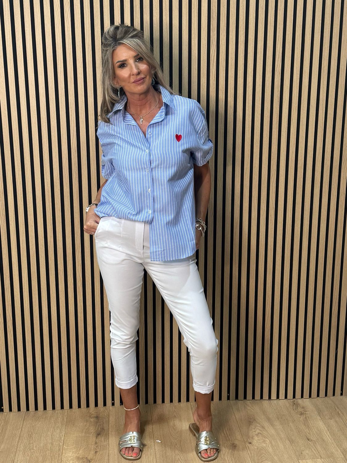 Stripe Heart Detail Cotton Shirt - Blue/White