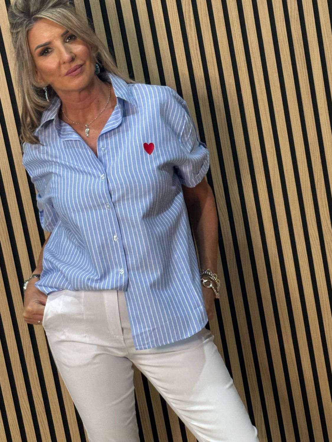 Stripe Heart Detail Cotton Shirt - Blue/White
