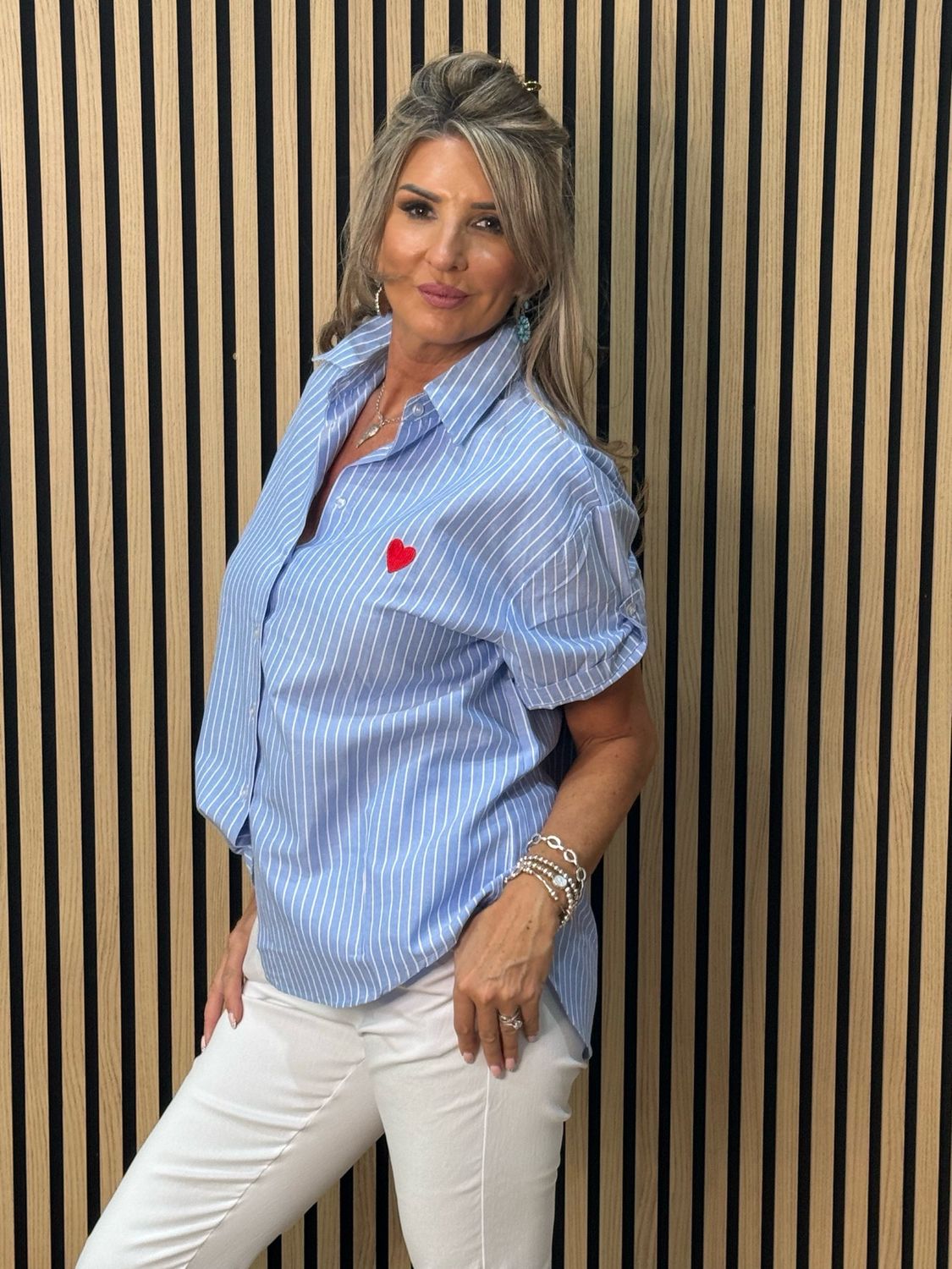 Stripe Heart Detail Cotton Shirt - Blue/White