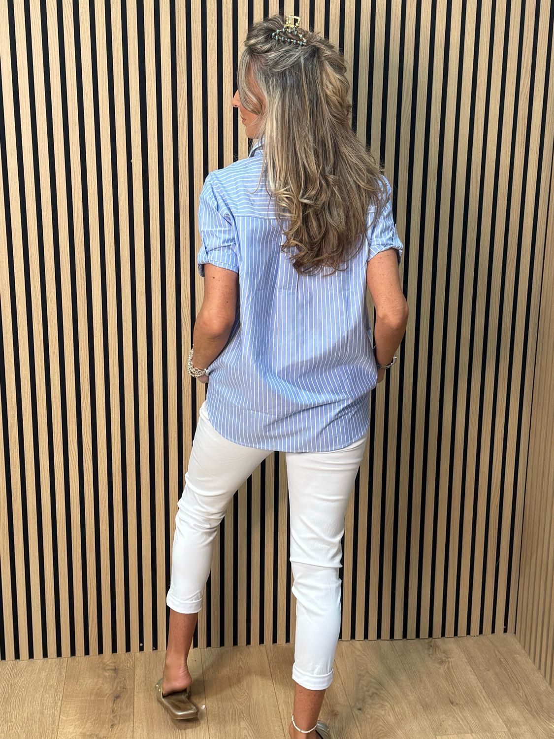 Stripe Heart Detail Cotton Shirt - Blue/White