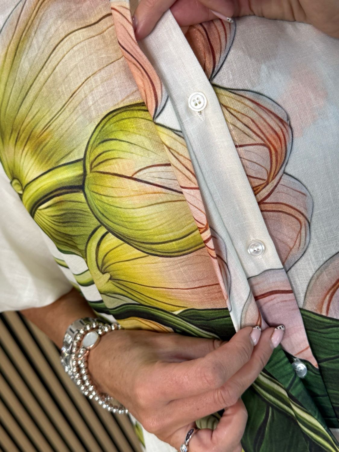 Botanical Bell Sleeve Shirt Dress - White/Green