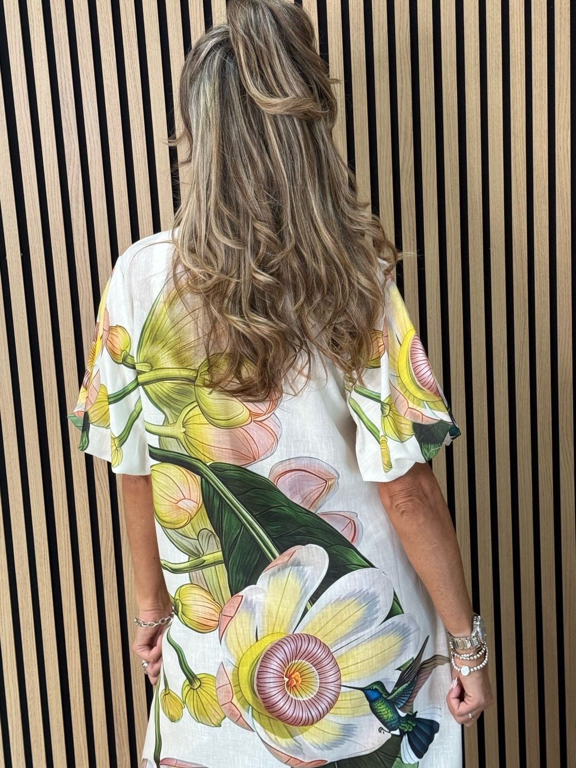 Botanical Bell Sleeve Shirt Dress - White/Green