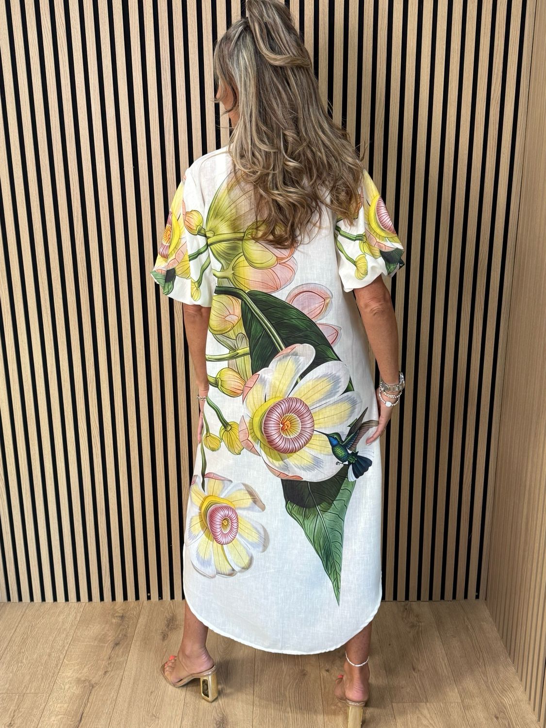 Botanical Bell Sleeve Shirt Dress - White/Green