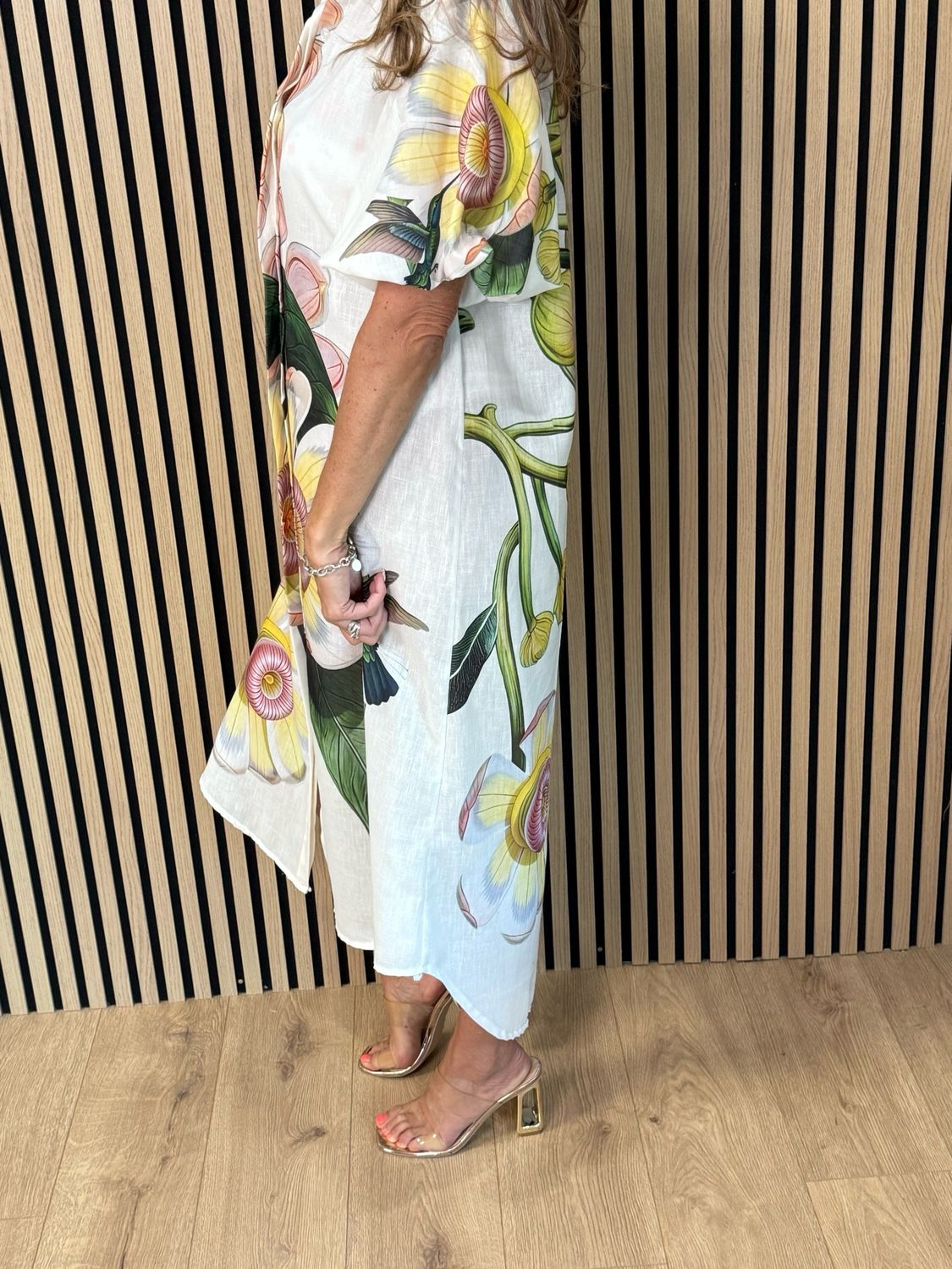 Botanical Bell Sleeve Shirt Dress - White/Green