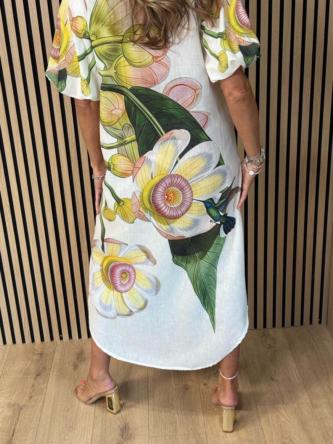 Botanical Bell Sleeve Shirt Dress - White/Green