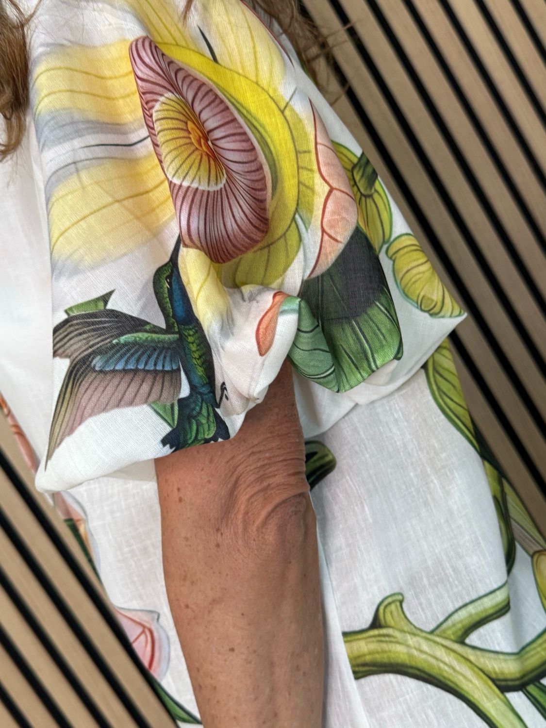 Botanical Bell Sleeve Shirt Dress - White/Green