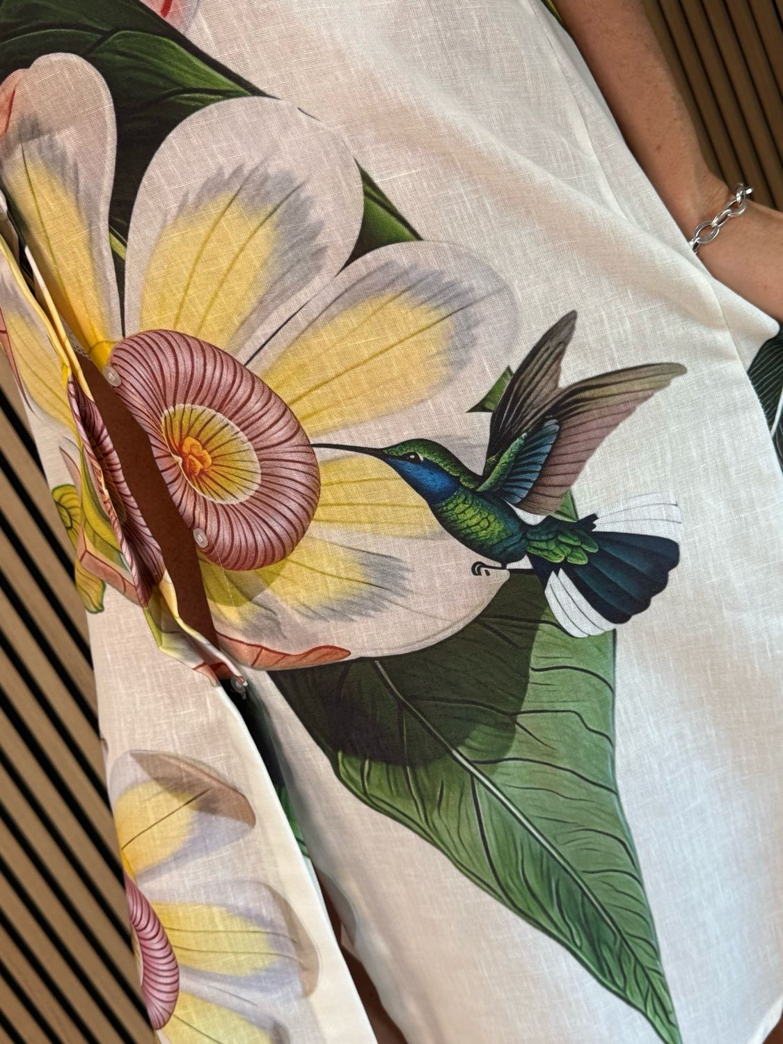 Botanical Bell Sleeve Shirt Dress - White/Green