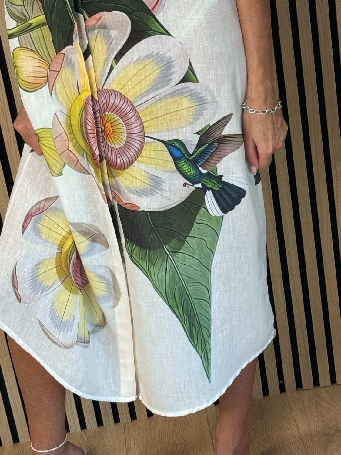 Botanical Bell Sleeve Shirt Dress - White/Green