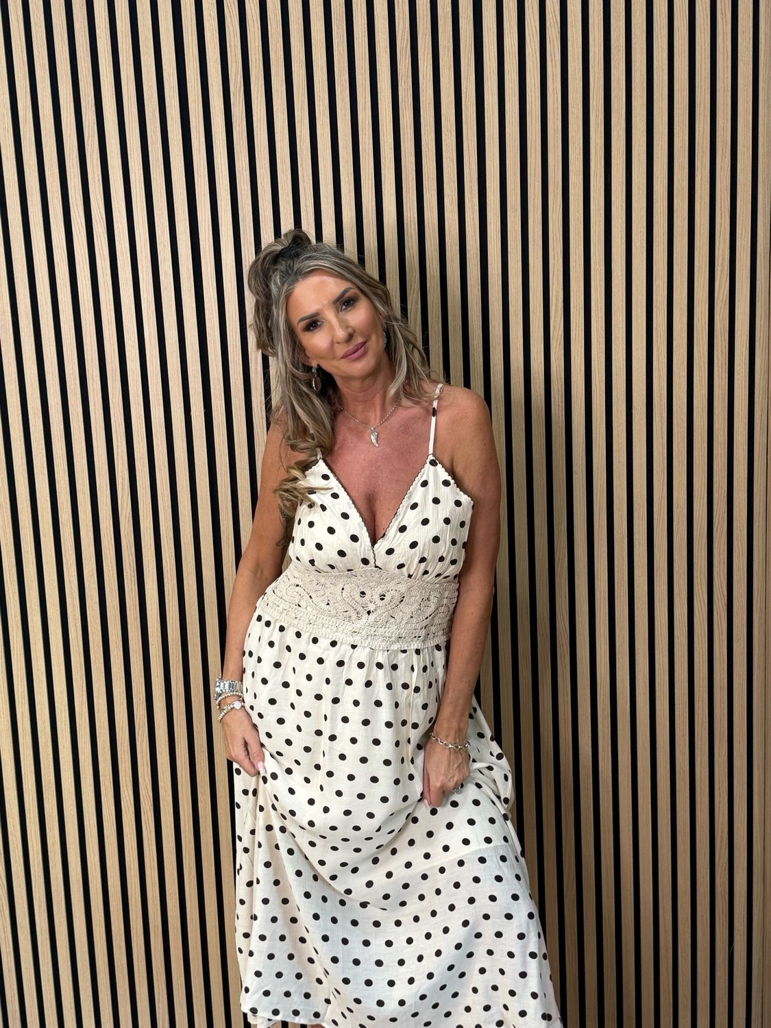 Polka Dot Crochet Waist Maxi Dress - Cream/brown