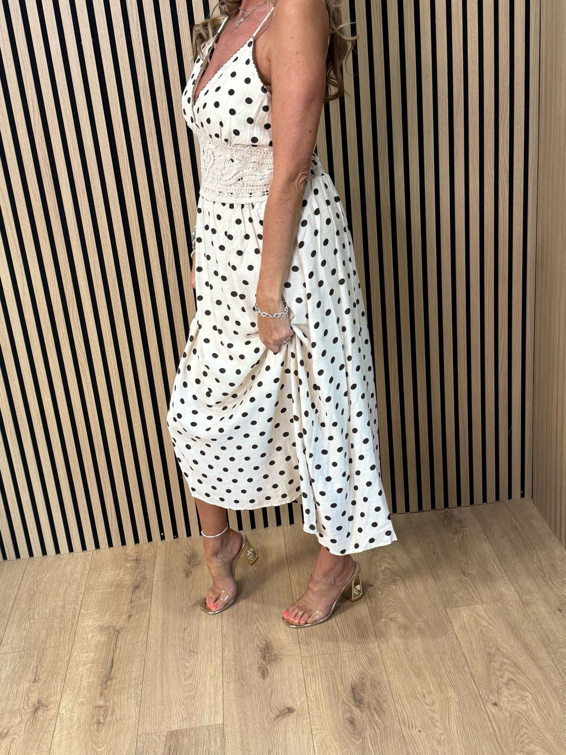 Polka Dot Crochet Waist Maxi Dress - Cream/brown